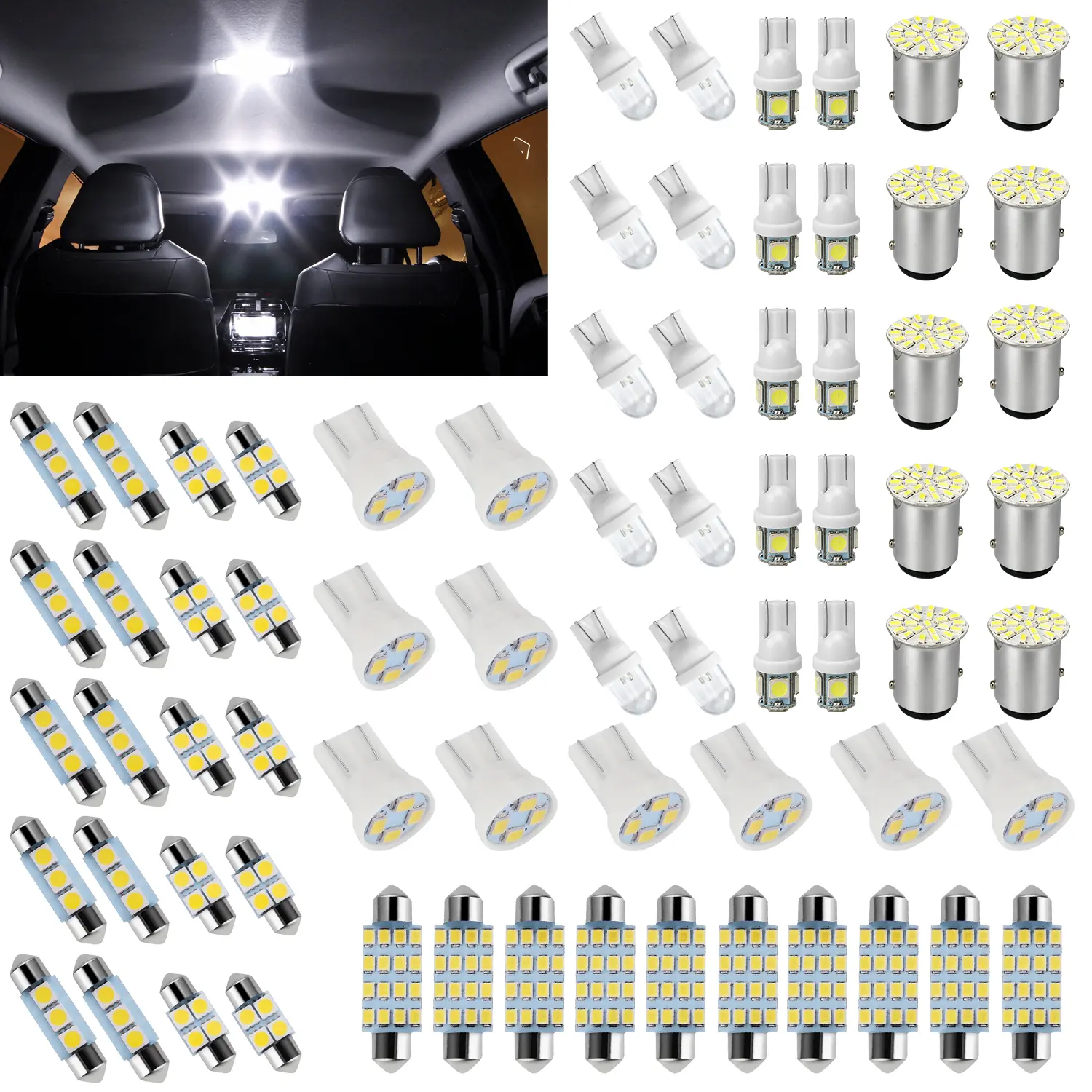 70 Pcs Car LED Interior Light Bulb Kit, Super Bright White Replacement LED Bulbs, Universal Automotive Light Set for Dome, Trunk, License Plate, Door & Glove Box Lights