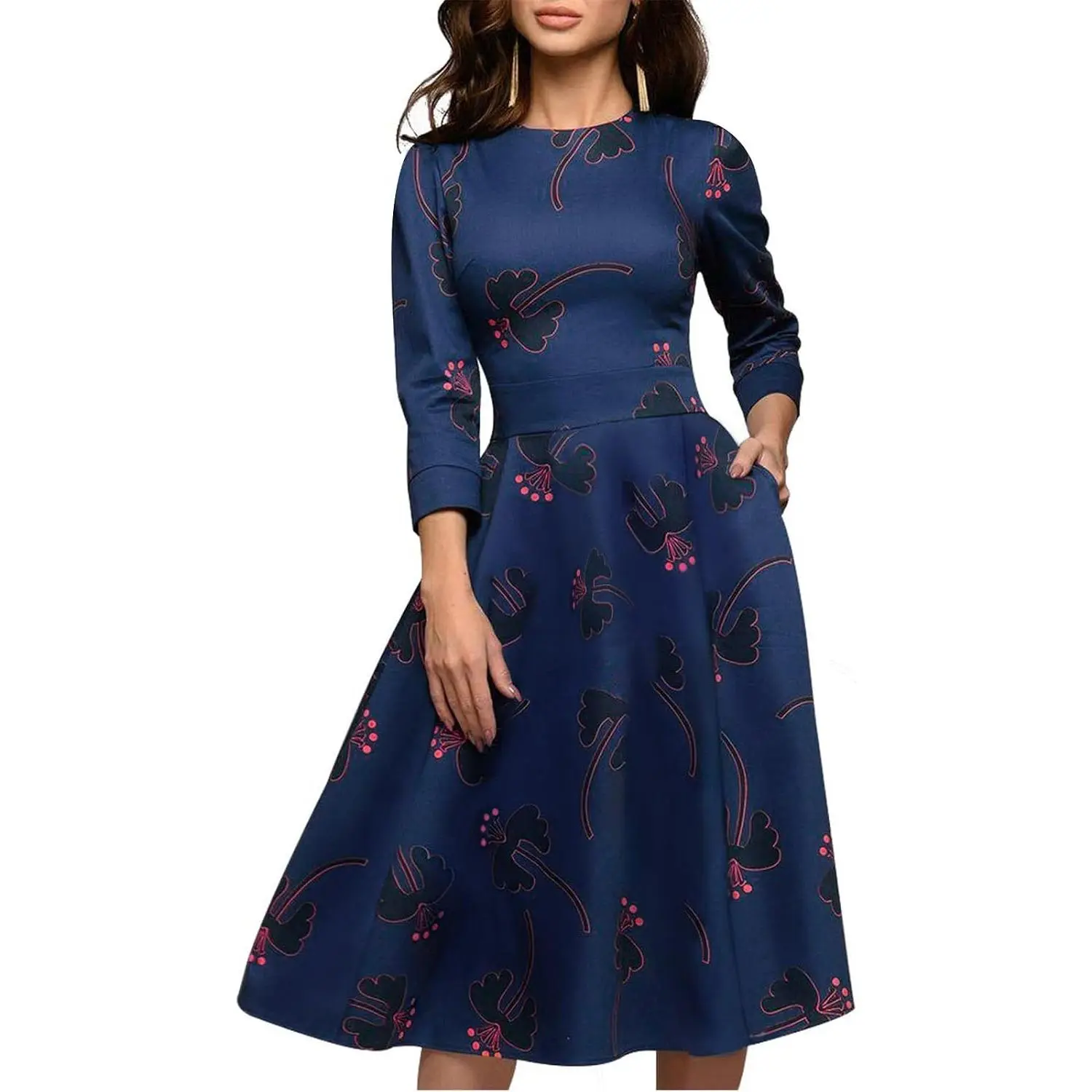 Womens Floral Vintage Midi Dress 3/4 Sleeve | with pockets, Fit and flare aline, Knee-length, Church, Semi-formal, Wedding guest, Retro tea party & derby outfits