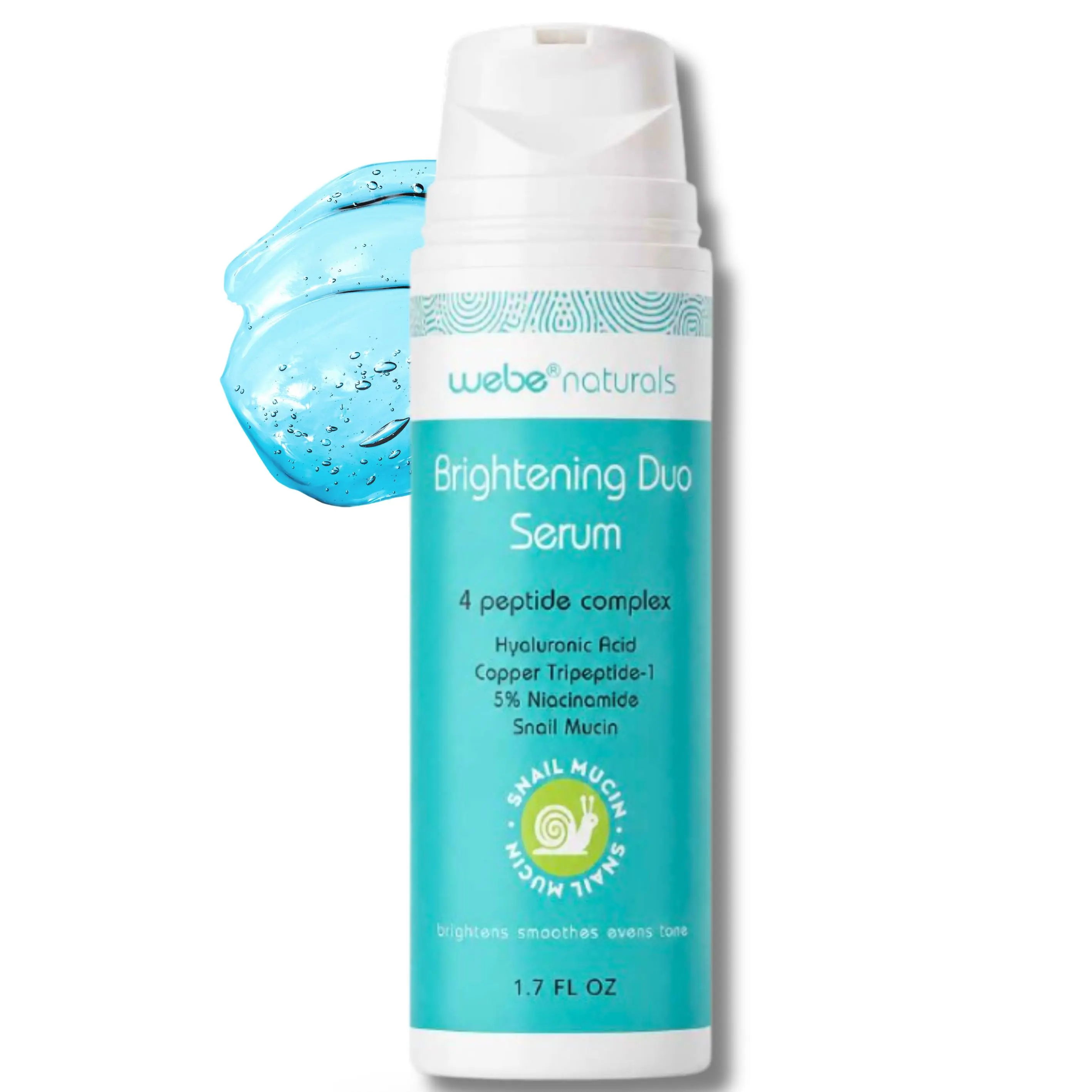 Webe Naturals Brightening Duo Luxury Snail Mucin Serum 1.7oz  4 Peptides + Copper Peptide + Niacinamide for Advanced Firming, Even Tone & Radiance | High Performance Anti Aging Formula to Smooth Texture & Restore Youthful Glow Radiant Skin Repair Daily Hy