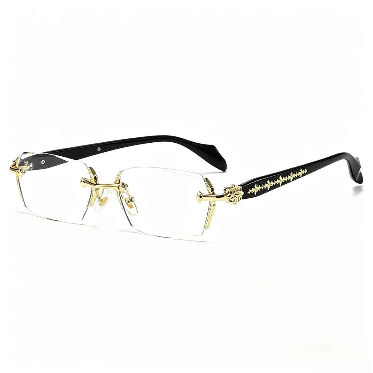 Frameless Glasses with Blue Light Blocking - Clear Lenses & Intricate Gold Cross Detailing, Fashion Metal Temples for Women Men, Computer Gaming Eyewear, Daily Street Style