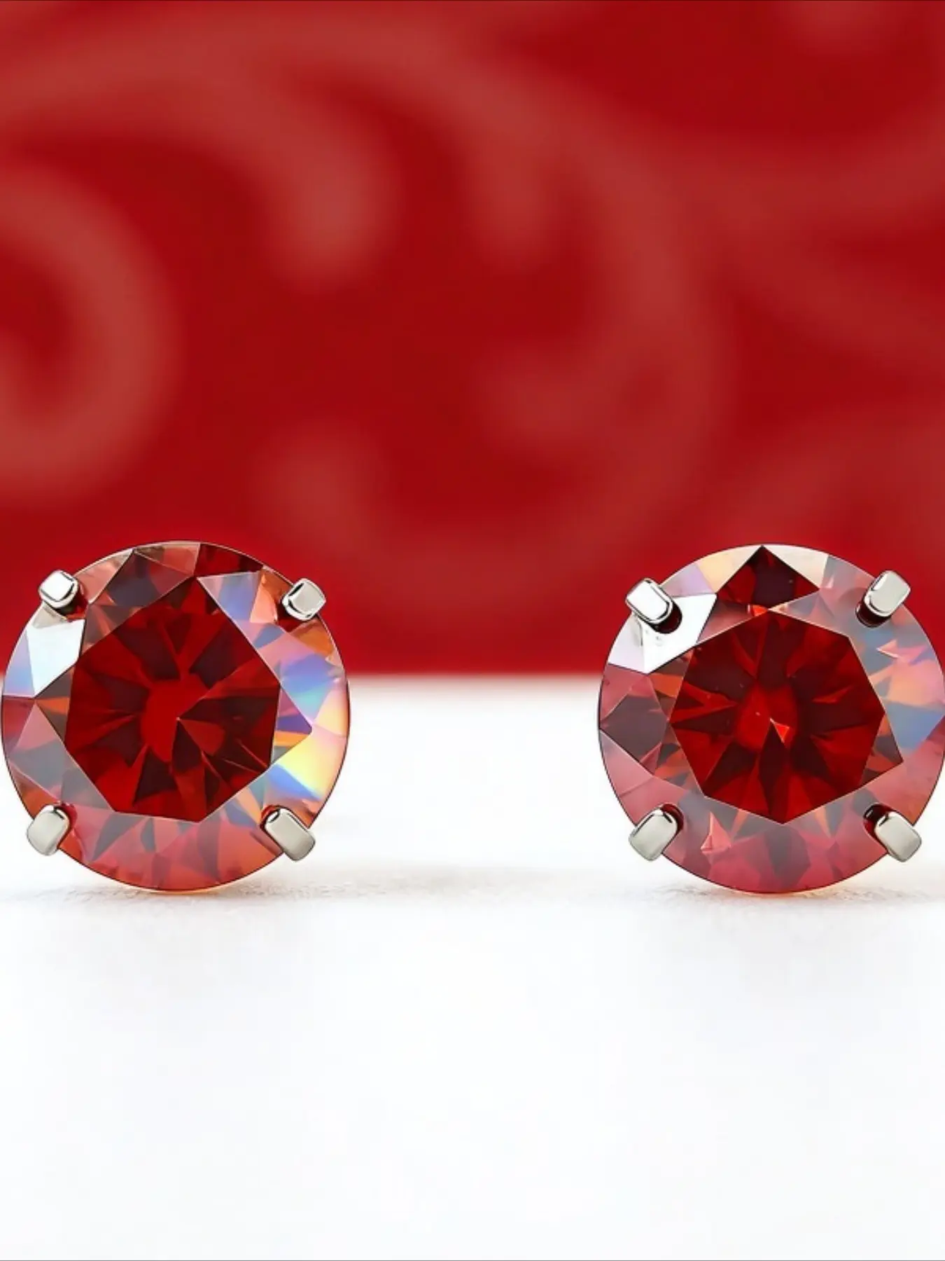1Pair 2.0 Carat Stainless Steel Red Round Synthetic Moissanite Four-claw Stud Earrings, Classic Synthetic Moissanite Jewelry, Engagement Wedding Jewelry Gift for Men and Women