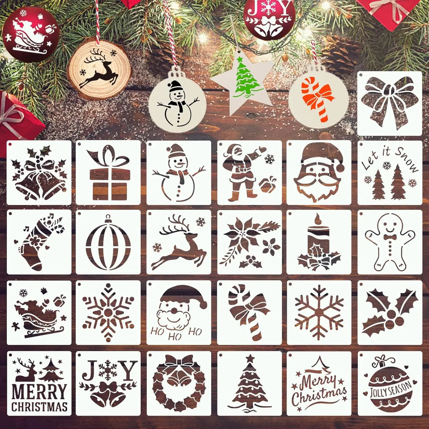 25 count Small Christmas Stencils 3x3 Inch for Painting on , Fabric, Paper, Windows, Cards, DIY Ornaments,  Merry Christmas & Santa Drawing Templates