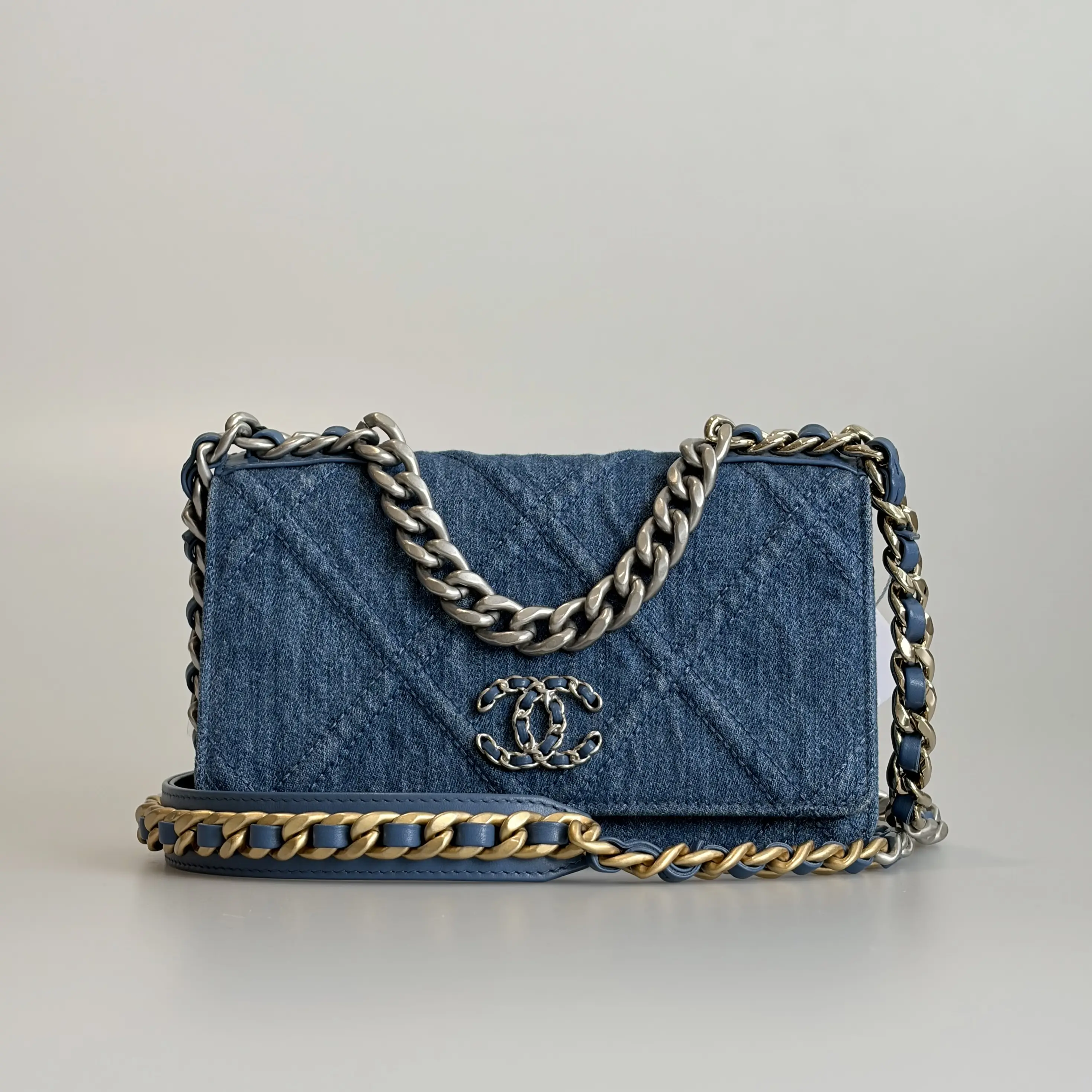 Pre-owned CHANEL Denim Crossbody Bag 19 Bag WOC Jeans Blue Silver tone Clasp Mixed Gold & Silver Chain 20690399 Sold As Is / Final Sale