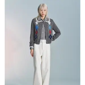 URBAN REVIVO 2026 Spring New Women's Urban Preppy Style Long-Sleeve Plaid Color-Block Argyle Jacquard Knit Cardigan - Ruffle Trim, Intarsia Knit, Cable Knitting, Cotton Fabric, Casual Clothes, Knitwear Tops UYU960015