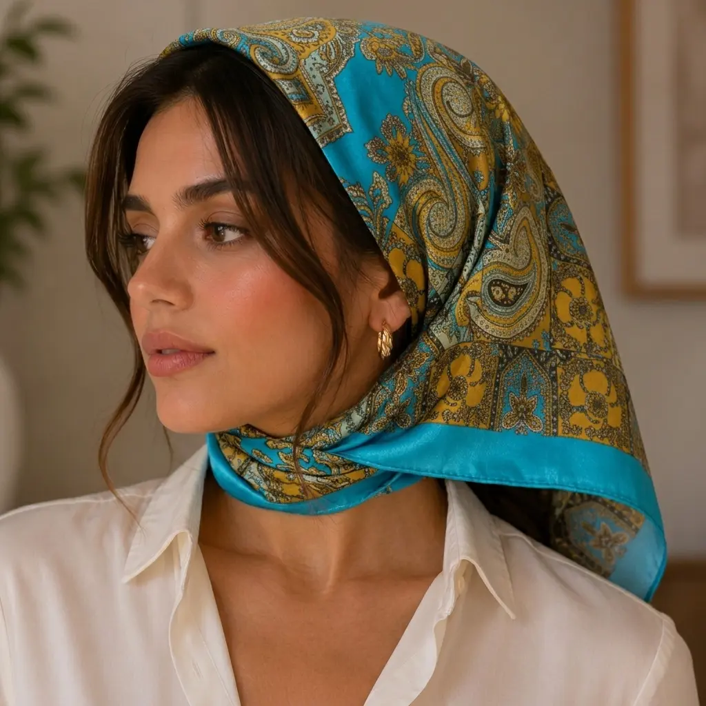 Women's Paisley Satin Silk Feel Square Scarf – Soft Lightweight Head Neck Hair Wrap & Fashion Belt, Sky Blue & Gold