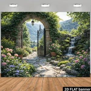 2D Flat Banner Polyester Photography Backdrop, HD Digitally Printed Garden Gate Waterfall Scene Background Cloth, Soft Lightweight Foldable Photo Backdrop for Wedding Party Birthday Photos, Video Studio, Product Photography, Portr