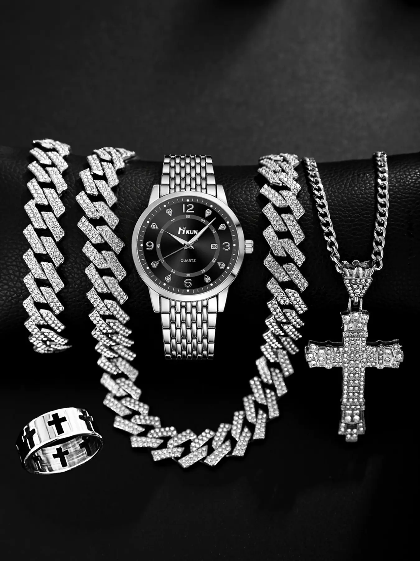 Men's Hip-Hop Accessories Set, Accessory Set, Quartz Watch, Diamond Cuban Chain, Cross Necklace Ring Bracelet, Perfect Gift for Holidays