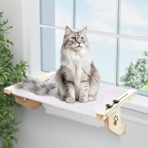 Petwhole Cat Window Sill Perch-Natural Wood & Metal Frame for large Cats and Kittens, Adjustable Foldable Cat Window Bed with Large Load Capacity,Sturdy and durable,Universal Fit for All Windowsills & Bedside,Easy to Adjust,Cat Sunbathing Rest Essential