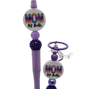 Keychain SET - Mom of Both Design with Purple Accents and Beads - Includes Matching Beaded Pen