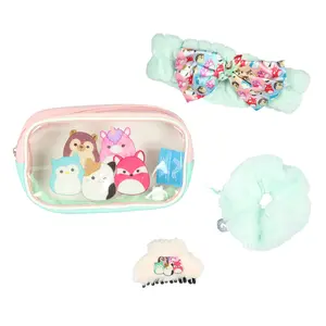 Squishmallows Treat Yourself 4-Piece Accessory Care Kit Clear Character Design Cosmetic Storage Travel Bag Gift Set