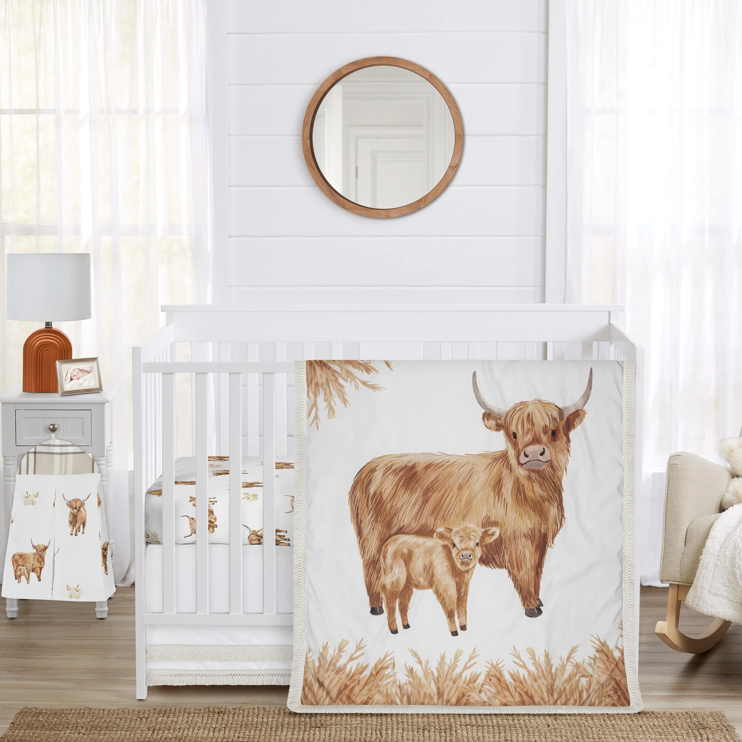 Sweet Jojo Designs 4-Piece Baby Crib Bedding Set (Boho Highland Cow) for Girls/Boys, Infants/Nursery incl. Blanket, Fitted Sheet, Skirt, Diaper Stacker (Taupe Plaid & Farm Animal Watercolor Farmhouse)