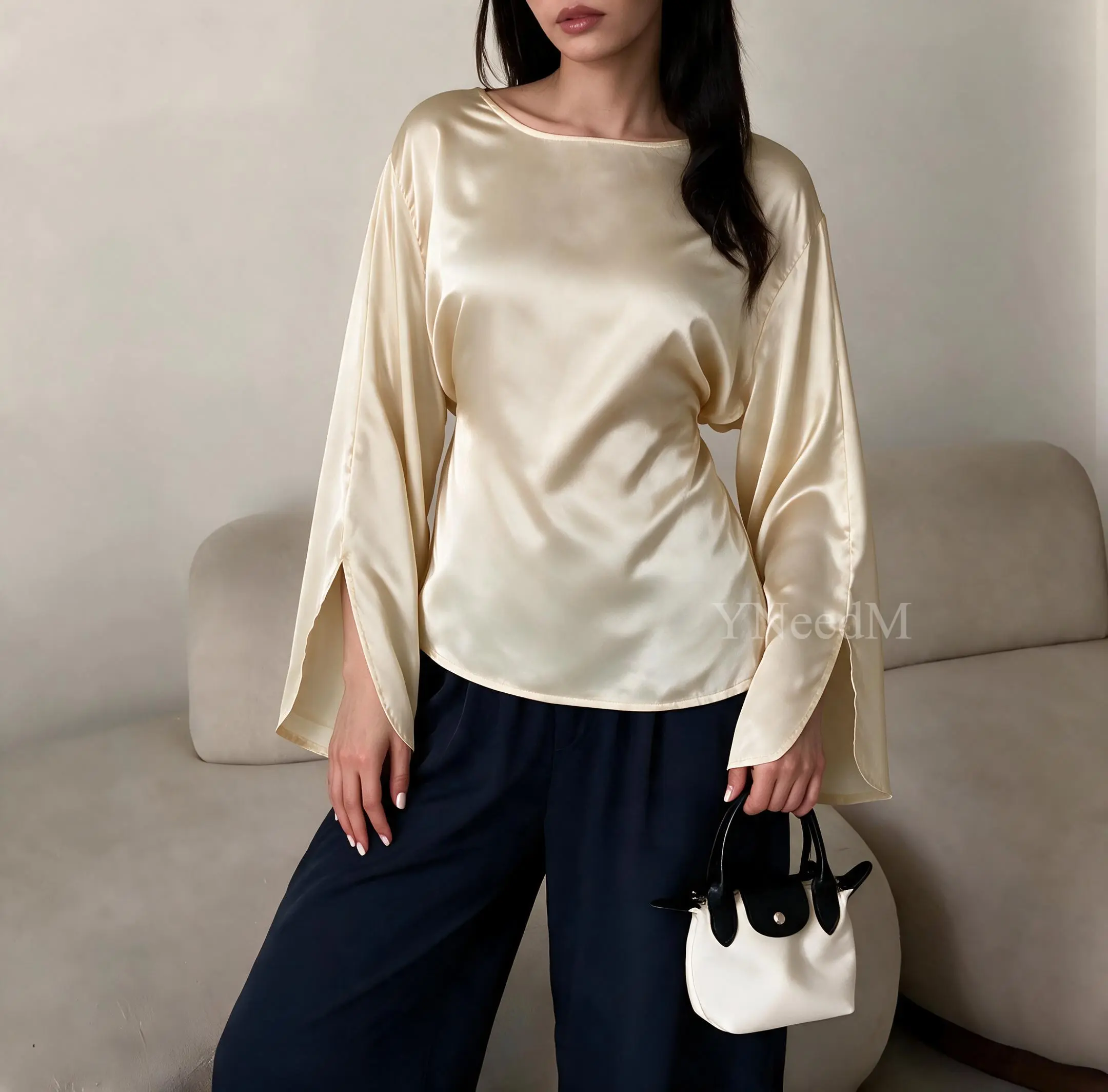 YNeedM Women's Satin Blouse with Slit Detail, Flare Sleeves, Modest Design, Casual Wear, UK One Size 6-12