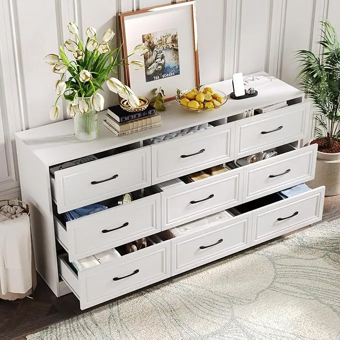 [tiktokshopbacktoschool] Vabches Wooden Storage Cabinet 9 Drawer Wide Dresser Organizer with Charging Station Tall Dresser for Hallway Wood Dresser with Metal Handles