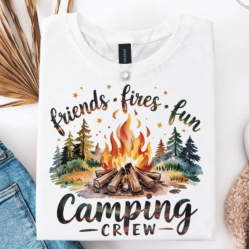 Friends Fires Fun Camping Shirt, Camping Crew Sweatshirt, Campfire Hoodie, Outdoor Adventure Gift, Camper Bonfire Shirt Cotton Crewneck Fabric Womenswear