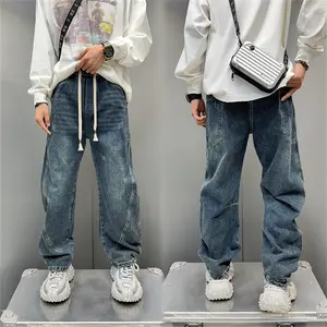 Men's High Cotton Vintage Washed Baggy Jeans, Drawstring Elastic Waist Loose Fit Distressed Denim Pants, Streetwear Y2K Wide Leg Casual Jeans with Side Pockets