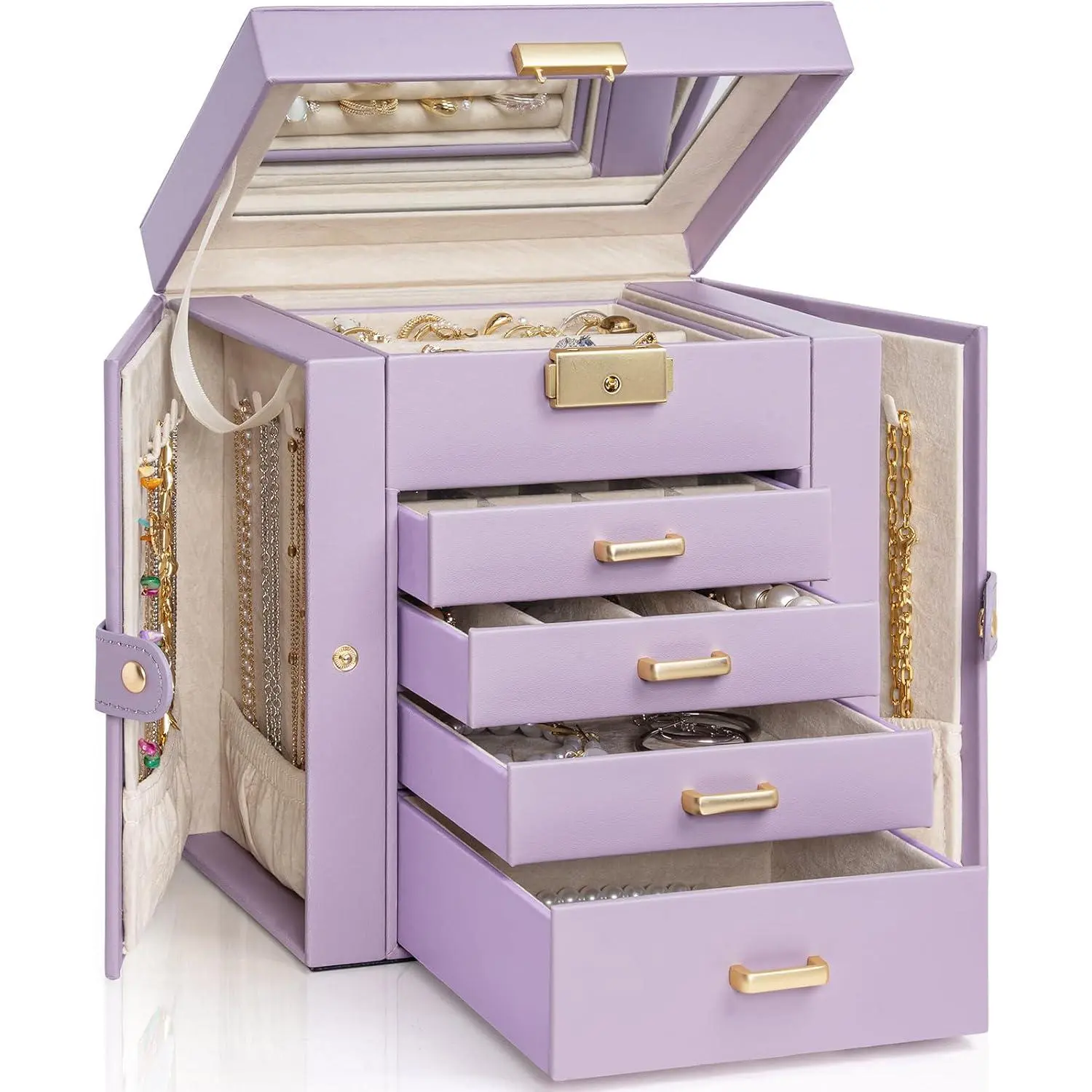 5-Tier  Box Leather  Storage Organizer with 4 Drawers Lockable for Women Girls Ring Necklace Earring Bracelet Watches Holder with Mirror