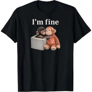 Men's T-Shirt with Sad Monkey Punch with an Orange Toy I'm Fine T Shirt Design Short Sleeve Black 100% Cotton Comfortable Durable Gym Fitness Wear Luxuriously Soft Apparel