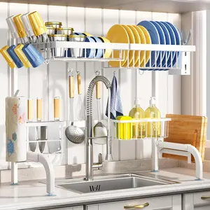 Over The Sink Dish Drying Rack, (25.5 to 36.5 inch) 2 Tier Dish Drying Racks for Counter with Paper Utensil Cup Holder Sink (White)
