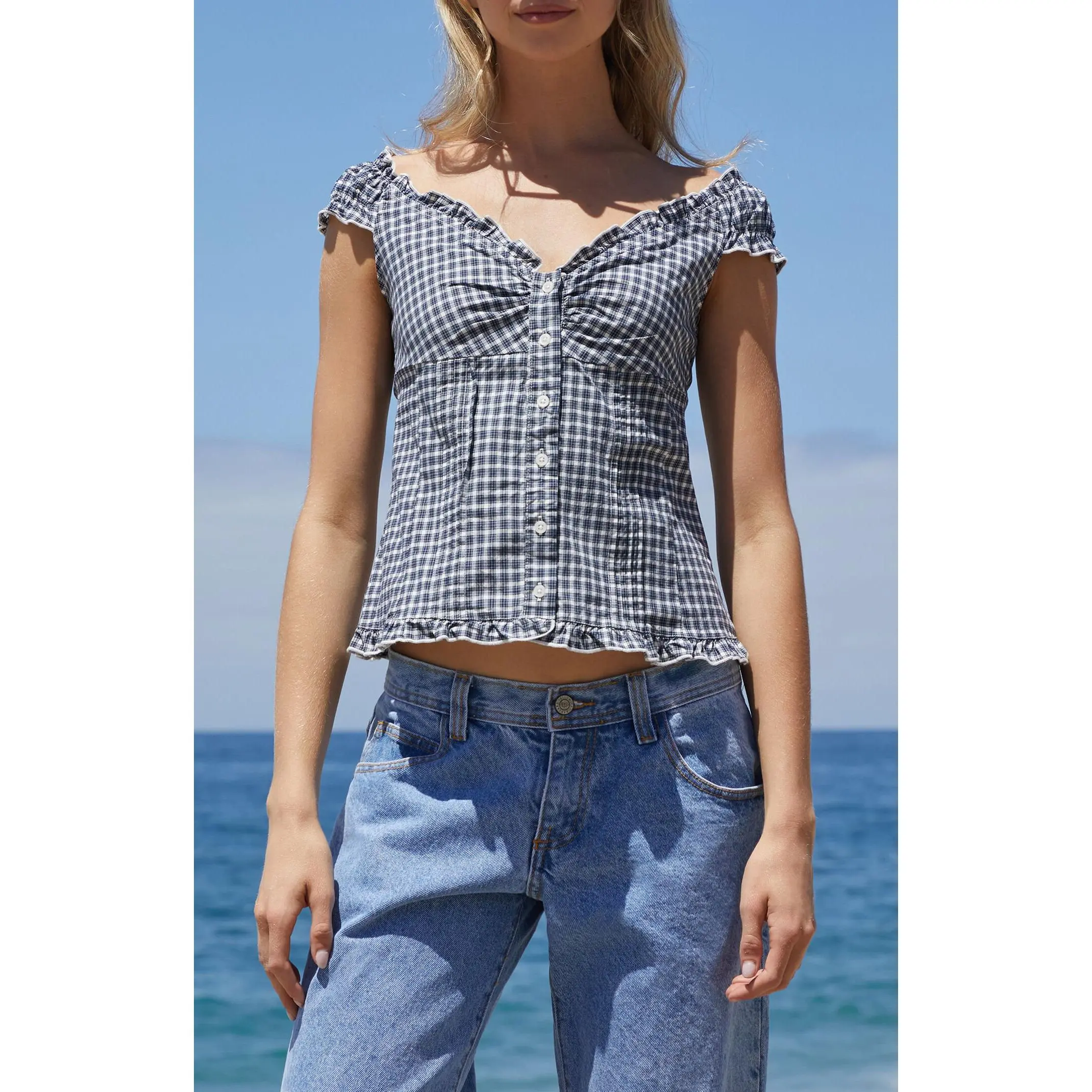 John Galt Women's White & Blue Plaid Elena Top