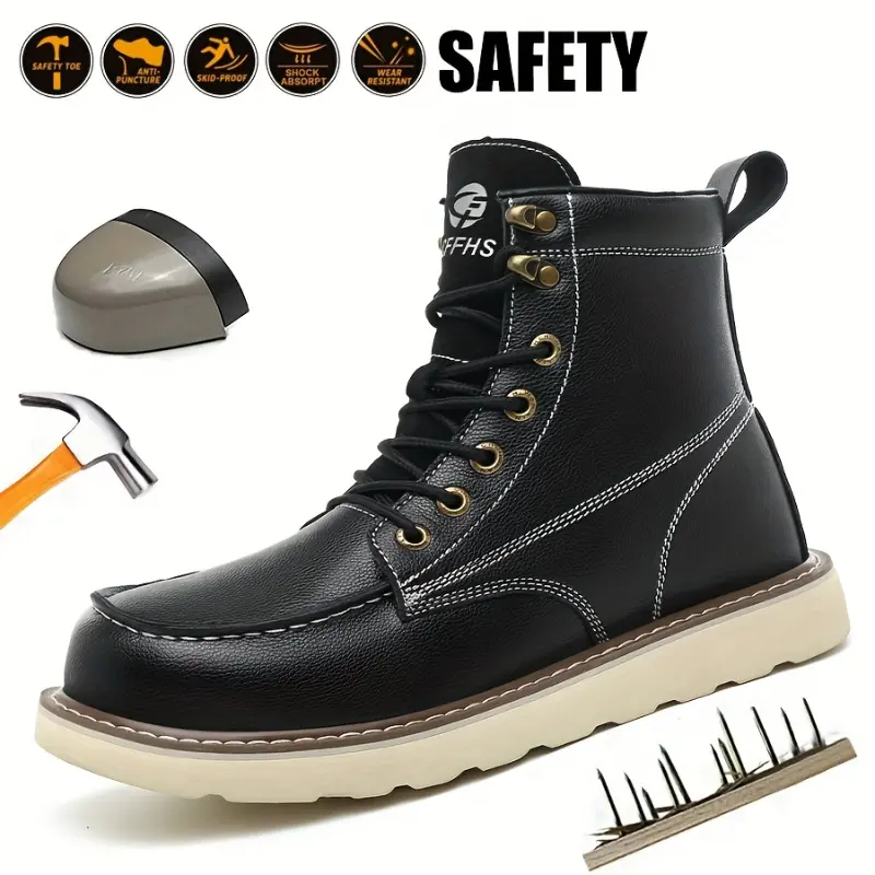Men's High-Top Work Boots - Two-Layer Cowhide Leather Anti-Puncture & Anti-Smash Safety Shoes with Toe, Breathable Fabric Lining & EVA Sole for All-Season Comfort - Black