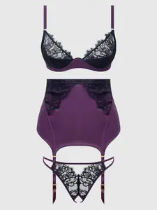 JOCELYN LACE & SATIN BRA, SKIRT & CROTCHLESS G-STRING SET