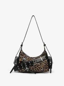New Retro Leopard Print Underarm Bag for Women, High-Quality Y2K Punk Rivet Motorcycle Bag, Versatile Shoulder Crossbody Handbag