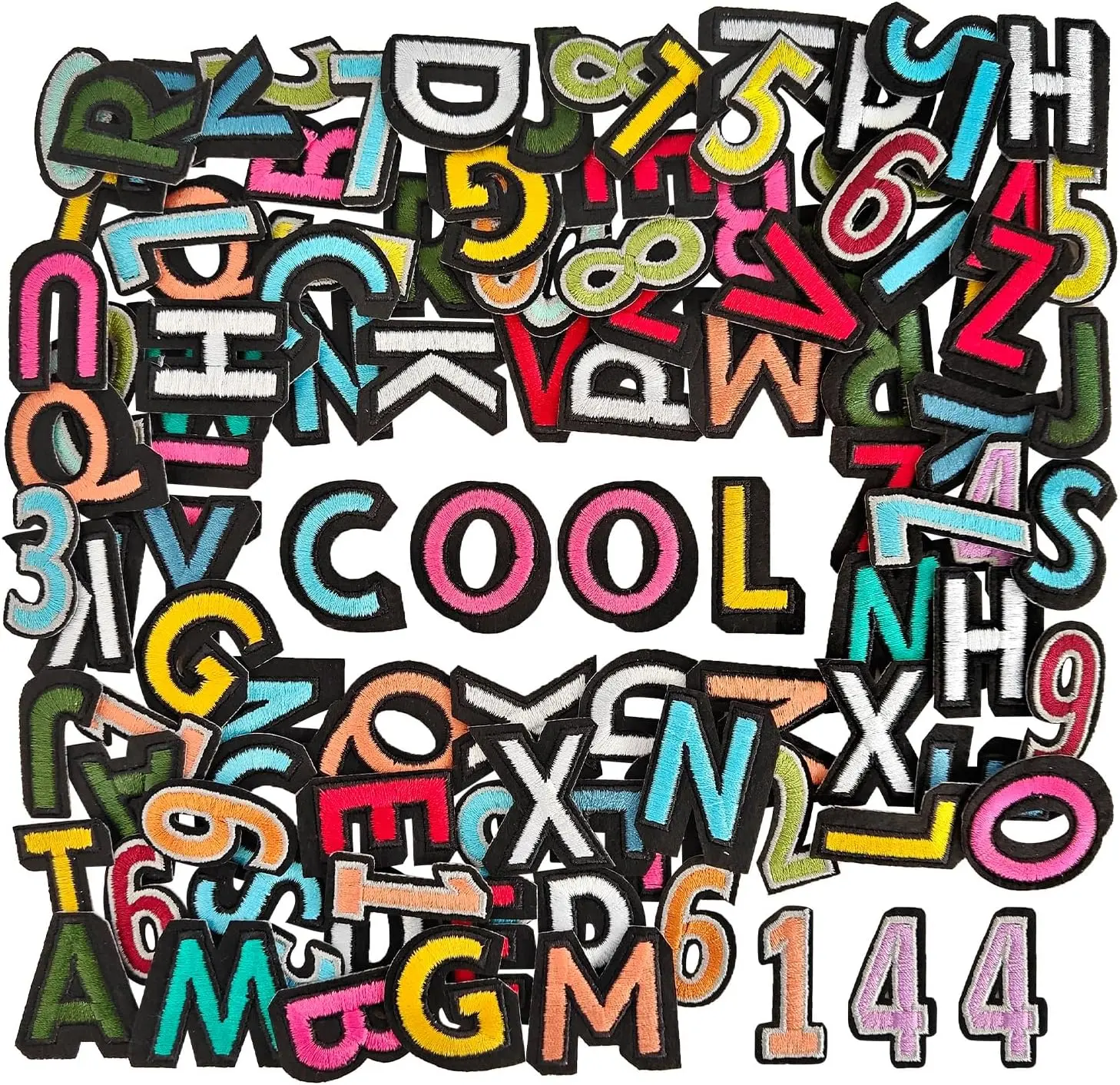 108Pcs Iron on Letters for Fabric, Letters A-Z Patches, Embroidered Number 0-9 Patches, for Clothes, Hat, Socks, Jeans-1.5 Inch Mixed Colors