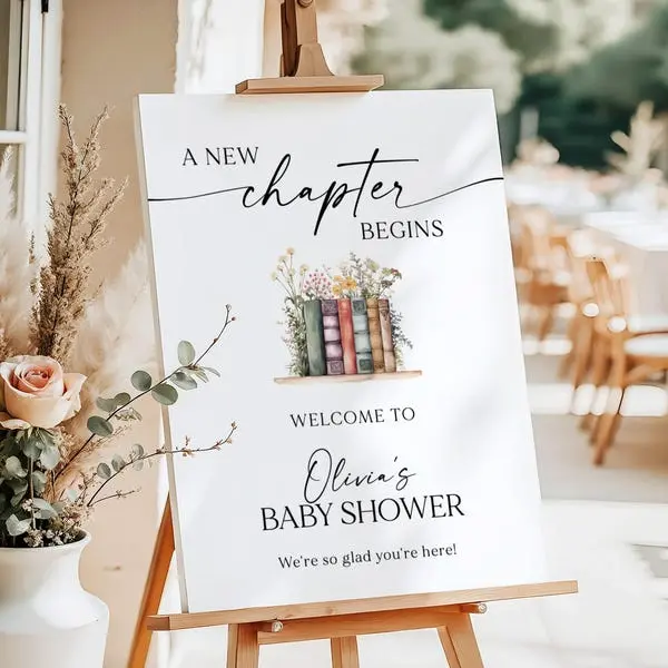Personalized A New Chapter Begins Baby Shower Welcome Sign, Custom Name Foam Board Sign | 18x24 & 24x36 | Printed & Shipped, No DIY