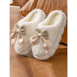 Butterfly Knot Slippers Autumn Winter Indoor Home Warm Thick Sole Plush Slippers Unisex Outdoor Shoes, Cozy Footwear for Men & Women