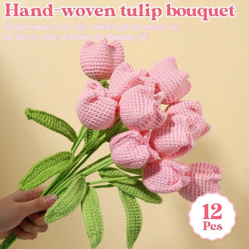 12 count Crochet Rose Handmade Knitted   Sunflower Daisy Heart Artificial Knitted Floral Mother Day Graduation Home Decor(Cute Pink )