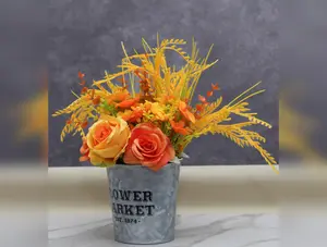 Rustic Faux Flower Arrangement with Yellow Roses & Wheat Stems in Flower Market Tin Can