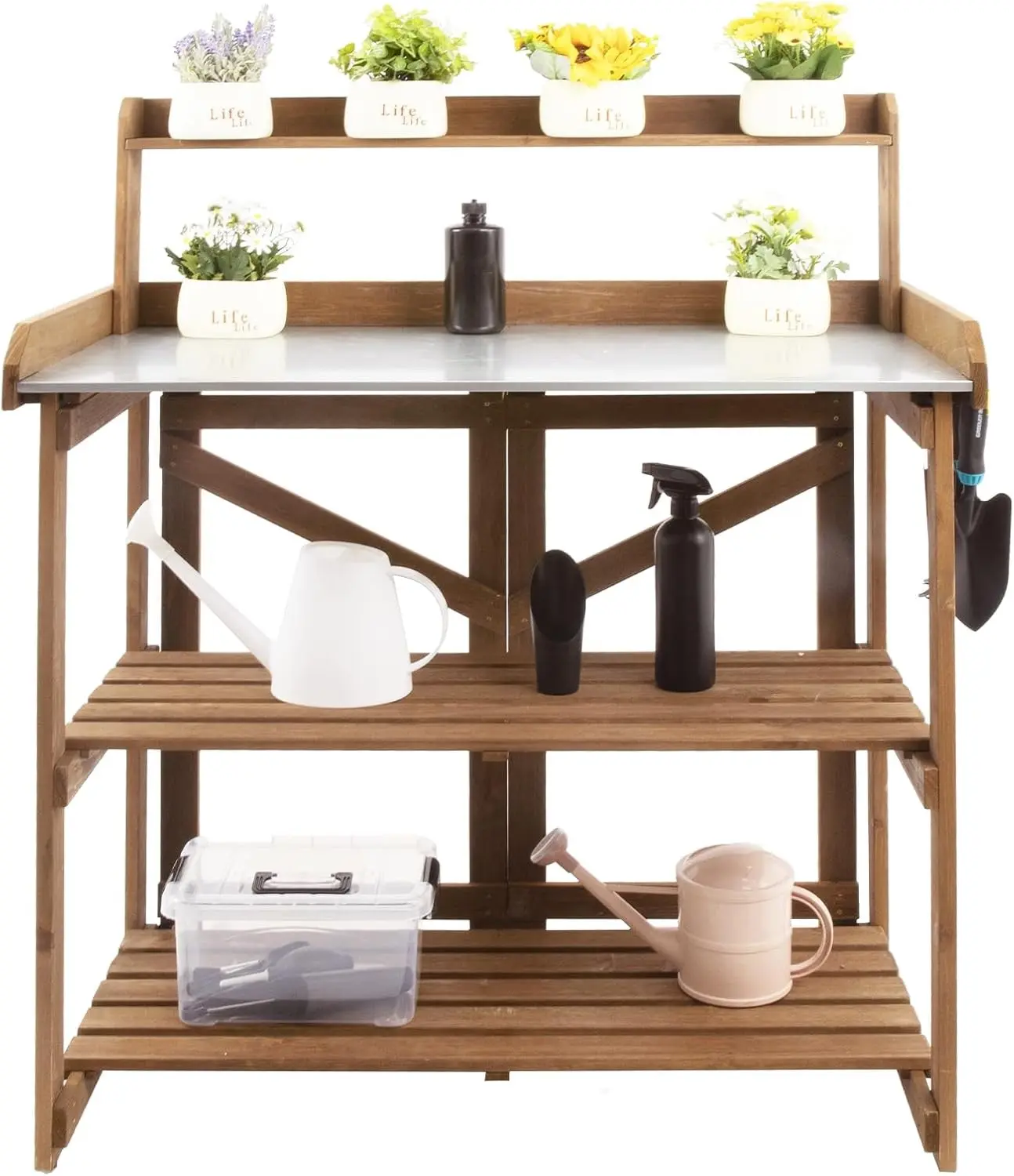 Brown Foldable Fir Wood Gardening Potting Bench Table - Outdoor Workstation with Galvanized Tabletop, 2-Tier Storage Shelves, Top Shelf
