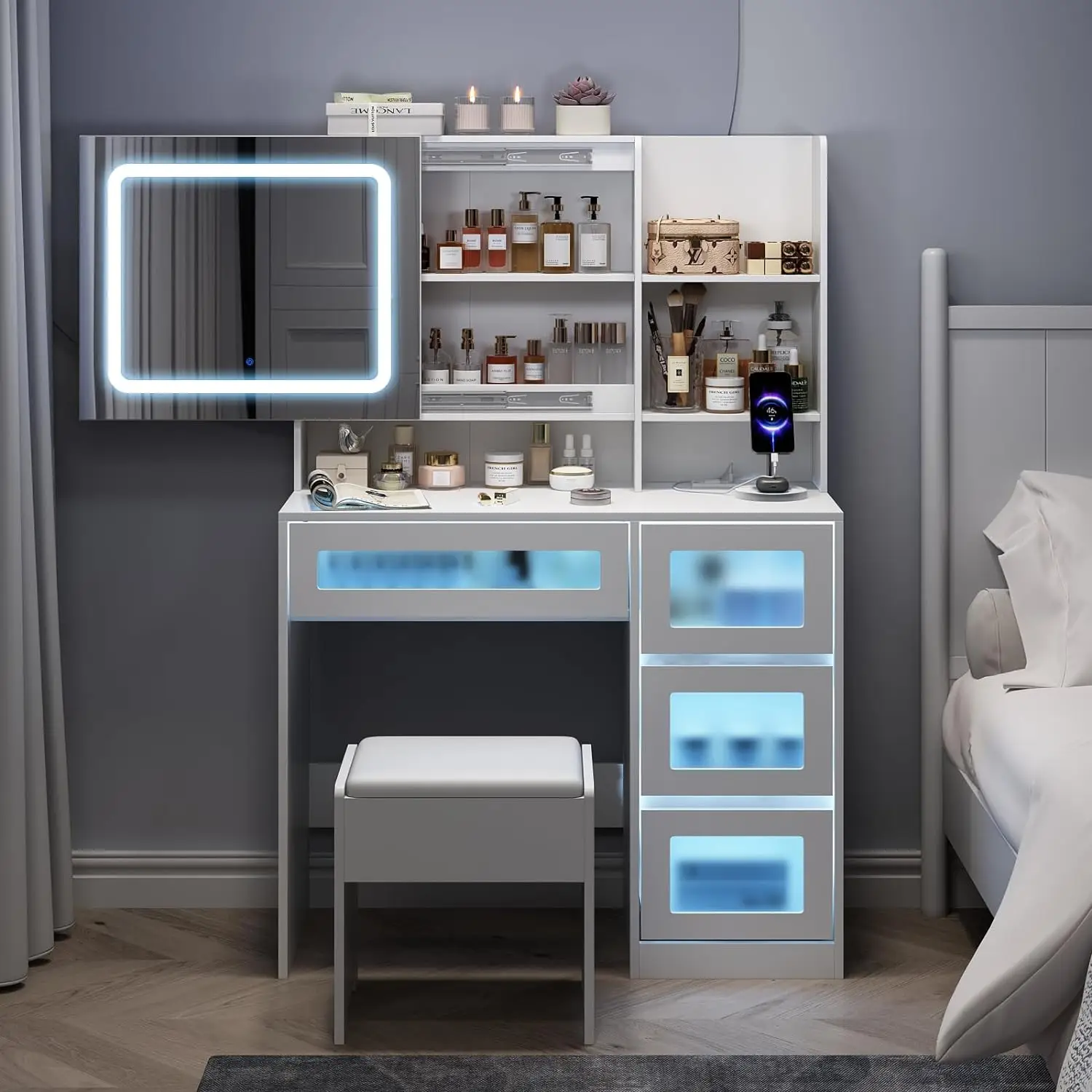 Vabches Vanity Desk with LED Sliding Mirror, Dressing Table with 4 Drawers and Stool Set, RGB Lights, Makeup Vanity 3 Color Lighting Modes Adjustable