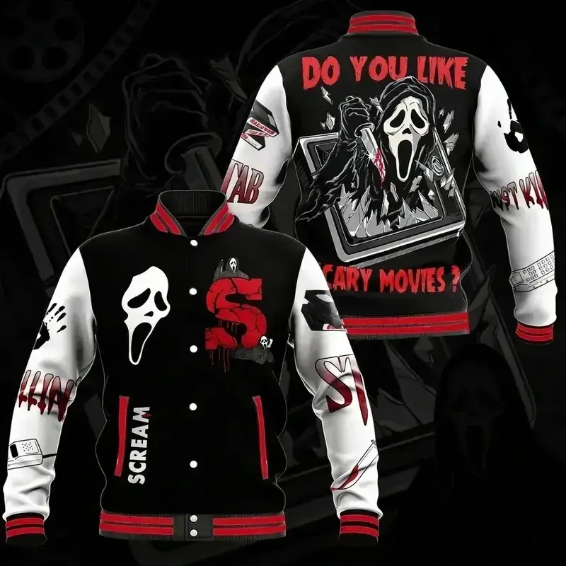 Ghostface Horror Baseball Jacket, Scream Inspired Killer Graphic Varsity Jacket, Bloody Knife Horror Print Baseball Coat, Unisex Button-Up Streetwear Outerwear, Football-Inspired Style, Casual Fan Gift