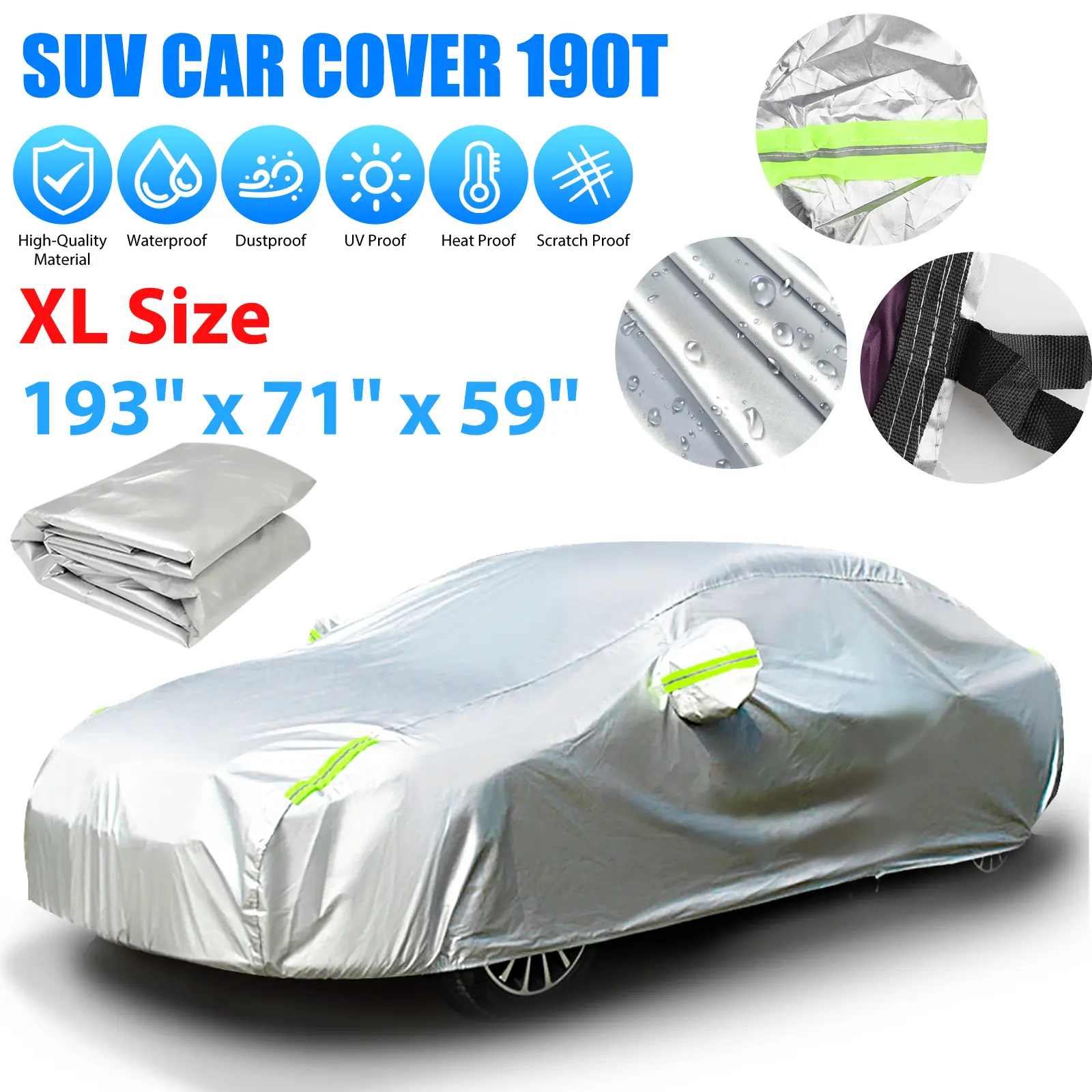 Waterproof Full Car Cover for XL Size - 193'' L x 71'' W x 59''H Car Cover With Reflective Strip,UV Sun Rain Snow Dust Protection, Windproof Outdoor   premium car cover  for Sedan SUV