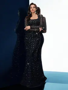 Black Mesh Rhinestone Mermaid Evening Gown Square Neck Long Sleeve Formal Prom Dress with Fitted Bodice & Fishtail Hem for Special Occasions - Womenswear