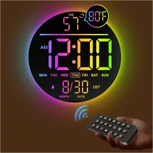 10" Large Digital Wall Clock with Seconds, Alarm Countdown Timer, Big LED Display, RGB Color, DST, Temperature, Mounted for Bedroom Living Room Office Classroom Gym, Xmas Birthday Gift, RGB