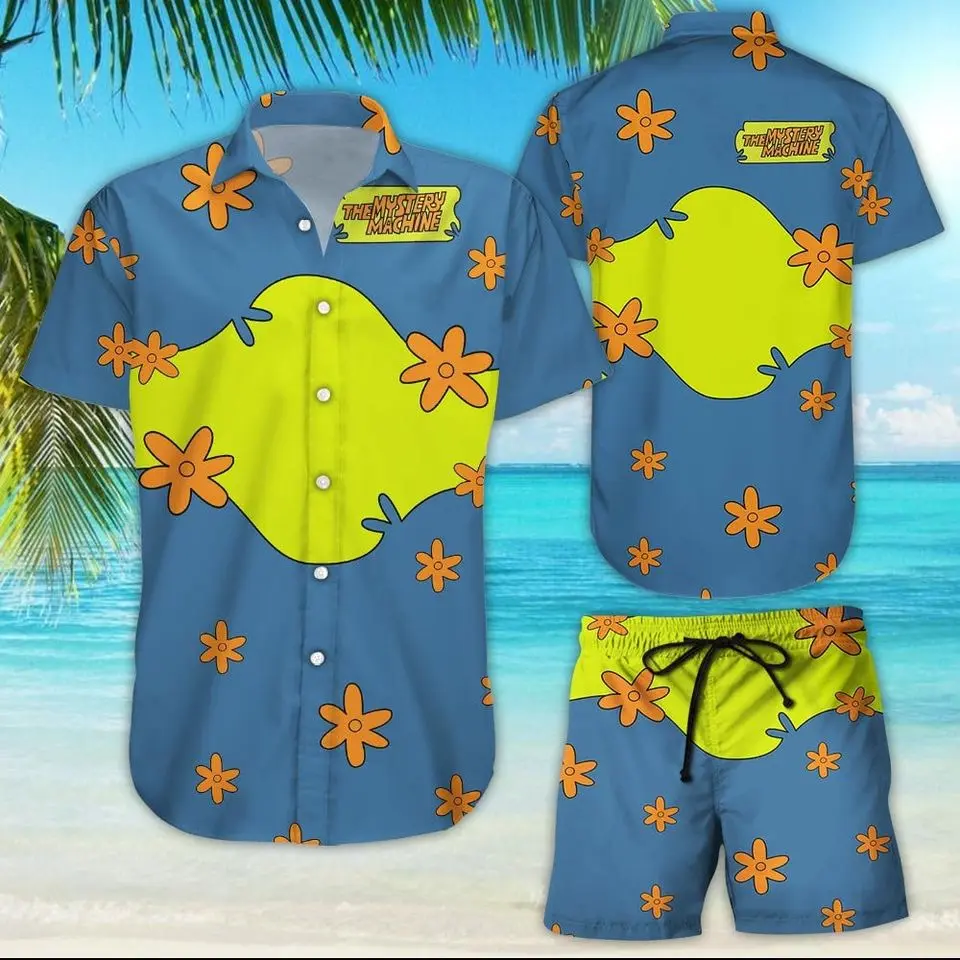 The Mystery Machine Hawaiian Aloha Shirt Retro Cartoon Summer Style, Mystery Machine Inspired Hawaiian Shirt Unisex Tropical Vacation Wear