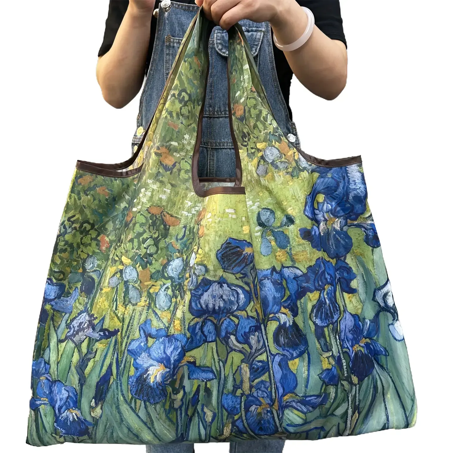 Women's Artistic Iris Floral Print Tote Bag - Lightweight Foldable High-Capacity Nylon Non-Woven Functional Bag for Shopping, Beach Use