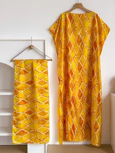 Elegant Bohemian Style Robe Set, Multicolor Argyle Pattern Shawl Dress + Long Headscarf, Casual Loose-Fitting for All Seasons