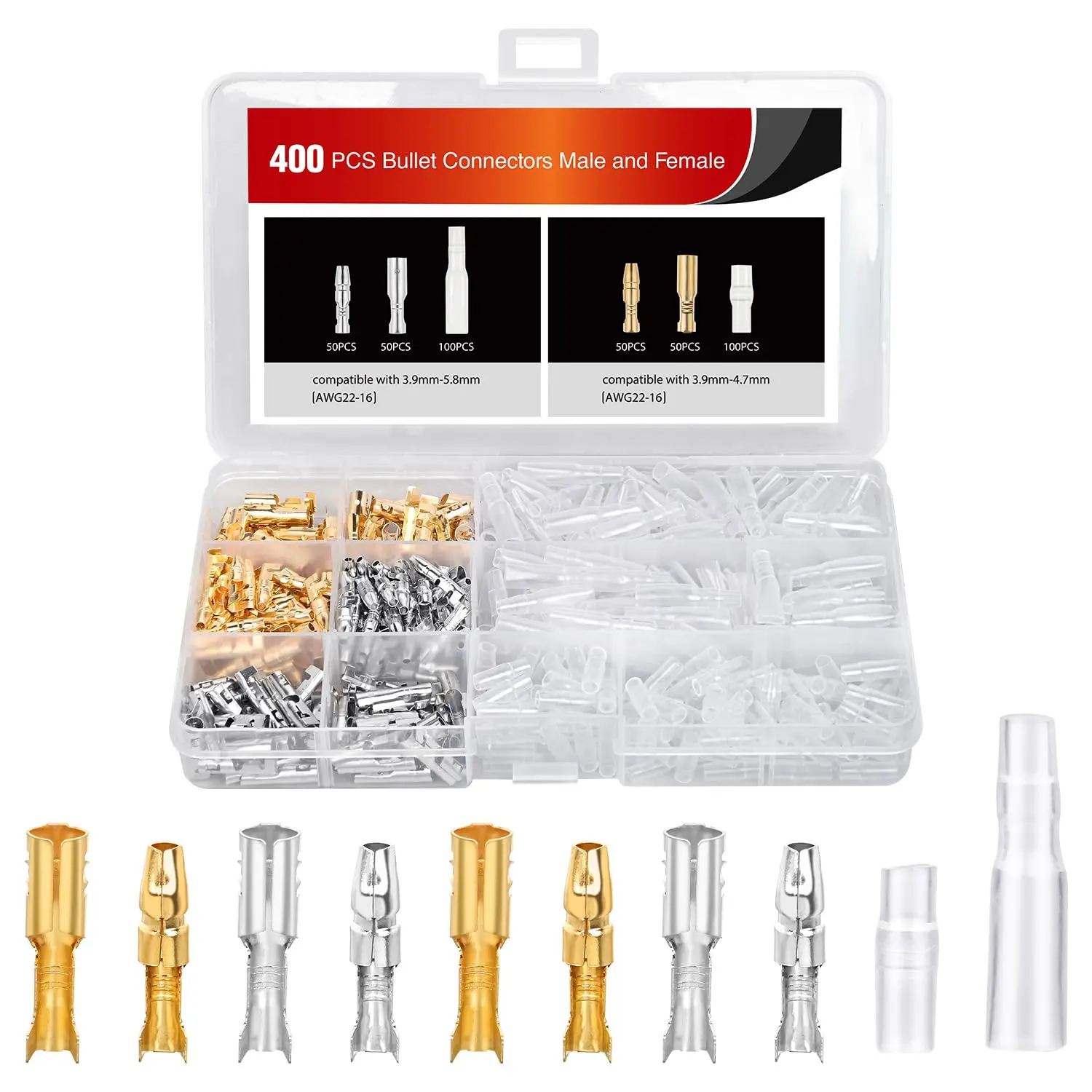 Nilight 400PCS 3.9mm Solid Brass Plated Bullet Connectors - Male & Female Flame-Proof Insulated Wire Terminals for 22-16AWG Electrical Wiring, Universal Connector for Car, Motorcycle Applications, Solid Brass Connectors
