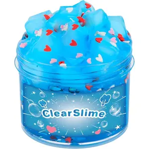 Blue Clear Slime with Jelly Cubes Pink Red Hearts Add-ins, Crunchy Crystal Boba Slime Super Soft Sludge Toy with Cute Charms, Party Favors Slime for Girls Boys