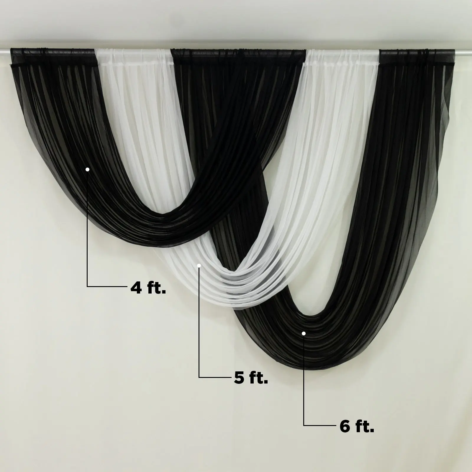 Black Sheer Chiffon Curved Swag Topper Panel - 4ft x 4ft Valance Drapes, Backdrop Fabric for Wedding Decor