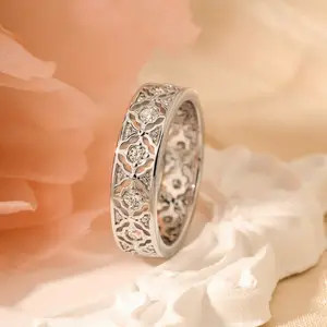 Jeulia Women's Sterling Silver Moissanite Eternity Ring, Lace-Inspired Engraved Wedding Ring