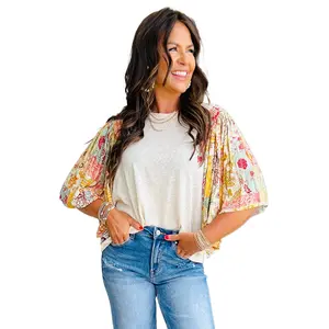 Women's Beige Floral Patchwork Half Batwing Sleeve Blouse - Bohemian Style