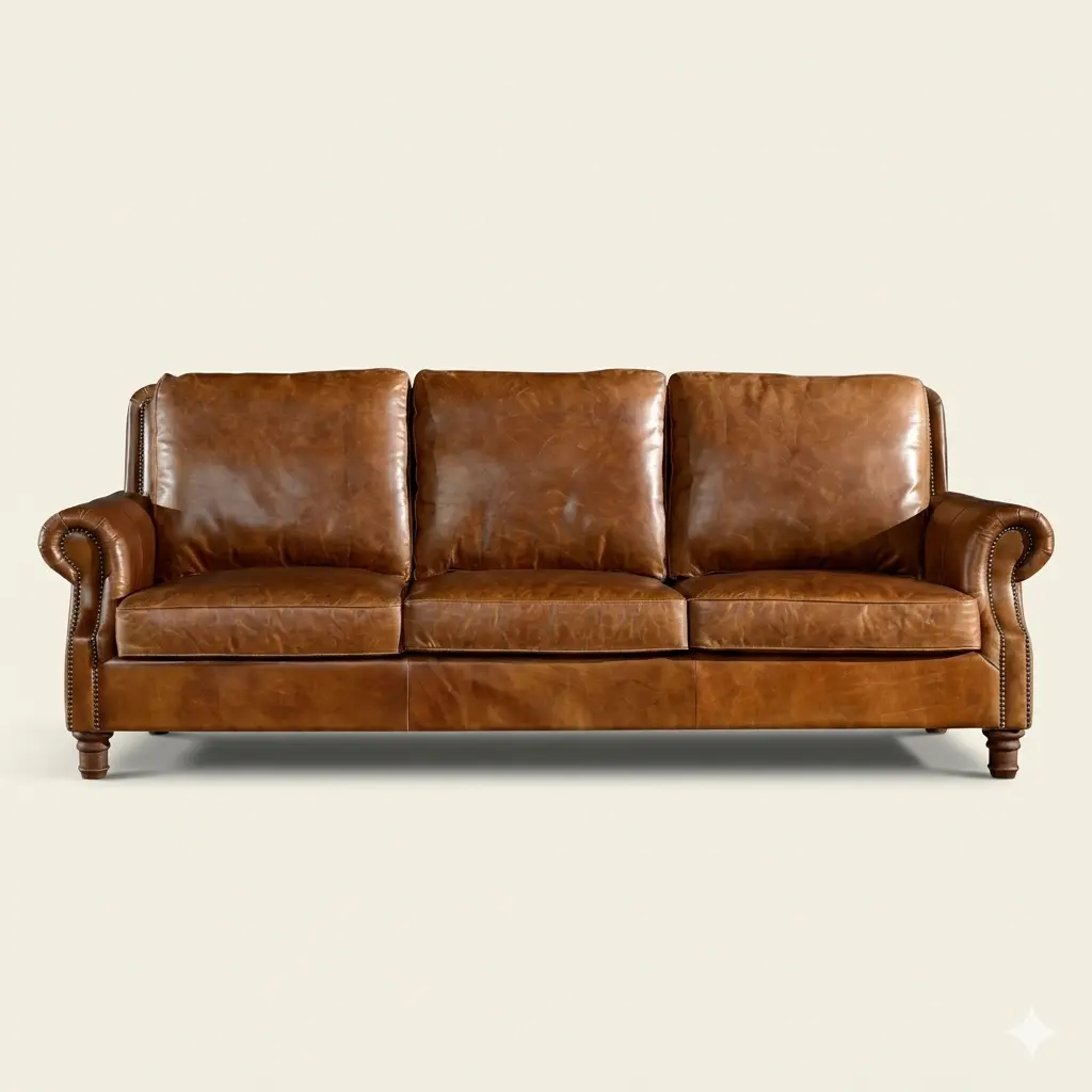 Crafters and Weavers English Rolled Arm 100% Genuine Leather Relaxation Sofa, Light Brown Indoor Furniture Couch