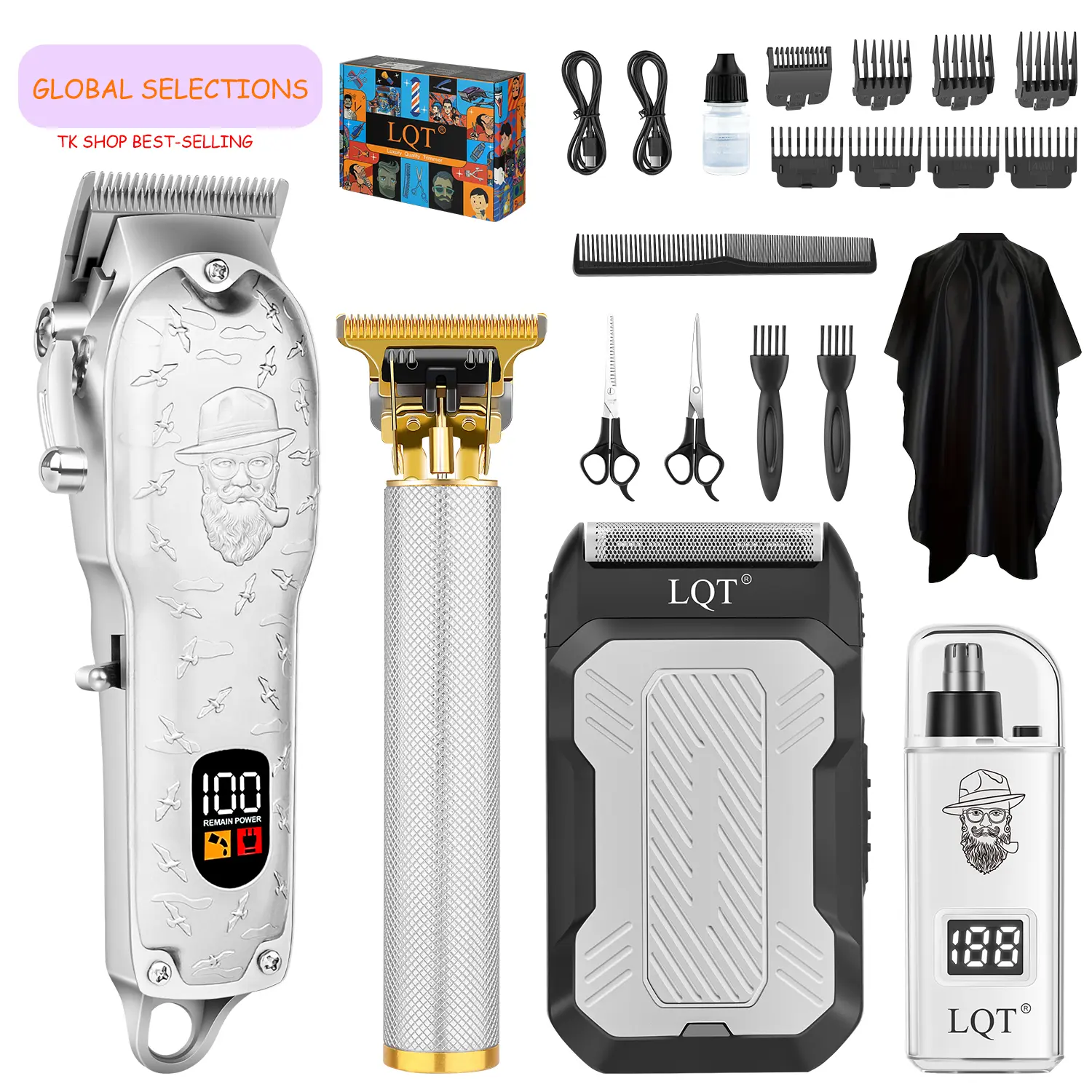 LQT Professional 4-in-1 Men's Grooming Kit, Cordless Hair Clippers, Beard Trimmer, Electric Shaver & Nose Trimmer, Rechargeable Haircut Set with LCD Display, Complete Barber Kit for Home Use outdoorfun, Cordless Trimmers, Usb Rechargeable Trimmer
