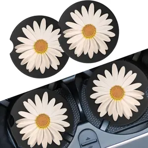 2Pcs Daisy Car Coasters - Non-Slip, Absorbent Cup Holder Coasters for Car, Home, Office & Tea Room