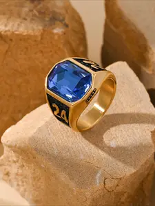 1pc Cool Street Style Stainless Steel Colored Gemstone Lucky Number 24 Men's Ring, Suitable for Daily Street Wear and Party Occasions