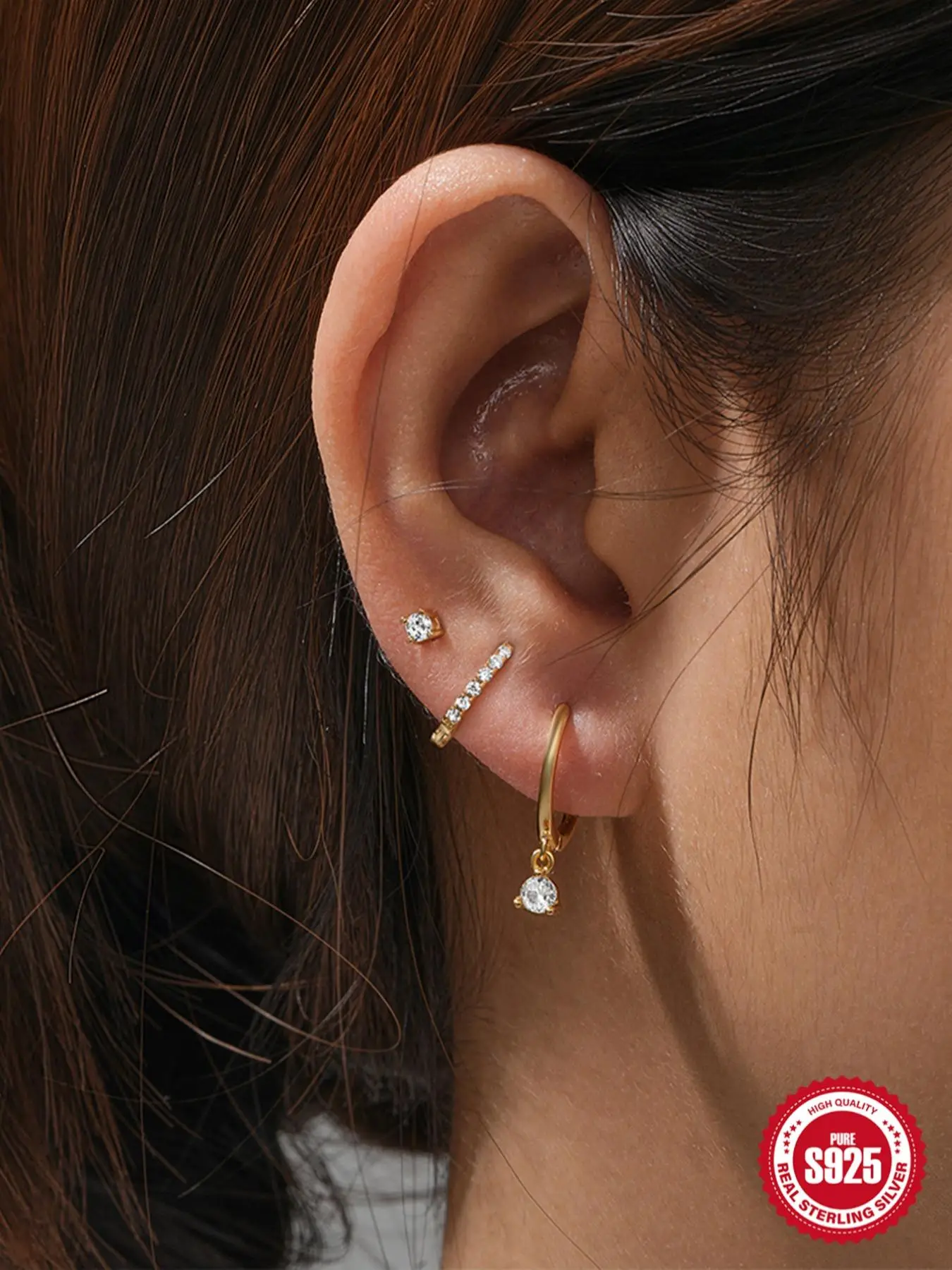 925 Sterling Silver Rhinestone Decorated Earring Set, 3 Counts Elegant Hoop Earrings & Stud Earrings, Fashion All-match & Exquisite Hypoallergenic Jew